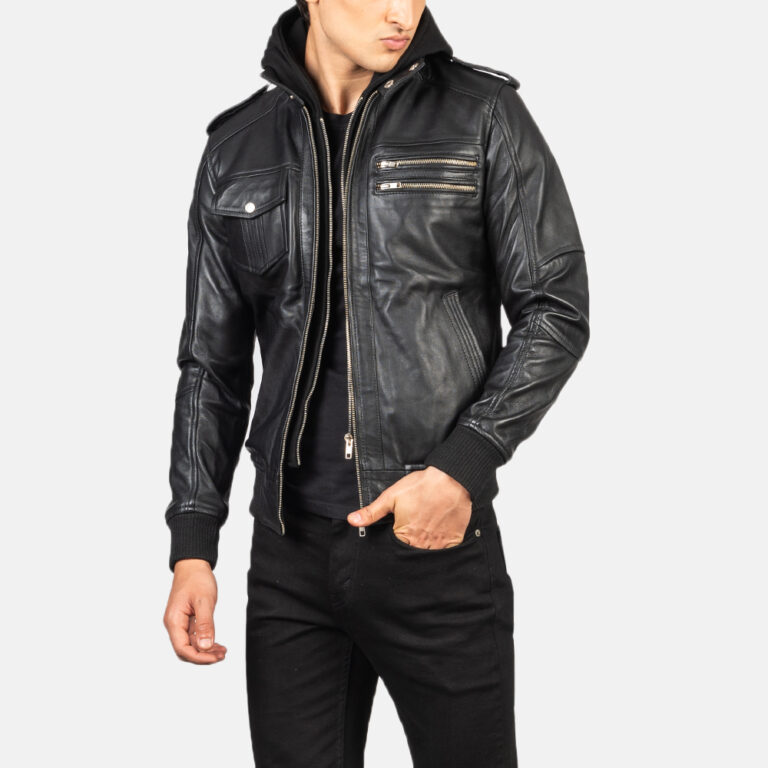 Mens Bravado Black Hooded Leather Bomber Jacket-9-1634133600021
